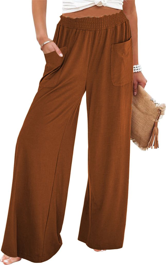 ASKSA Damen Weite Bein Hose Hohe Taille Palazzo Sommerhose Einfarbig Lockere Elegante Strandhose Freizeithose mit Taschen (Braun,XXL)