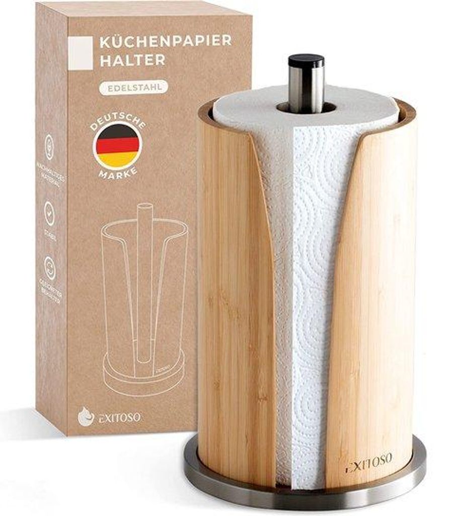 EXITOSO Portarotolo da cucina - bambù + acciaio inox - Immagine del prodotto 