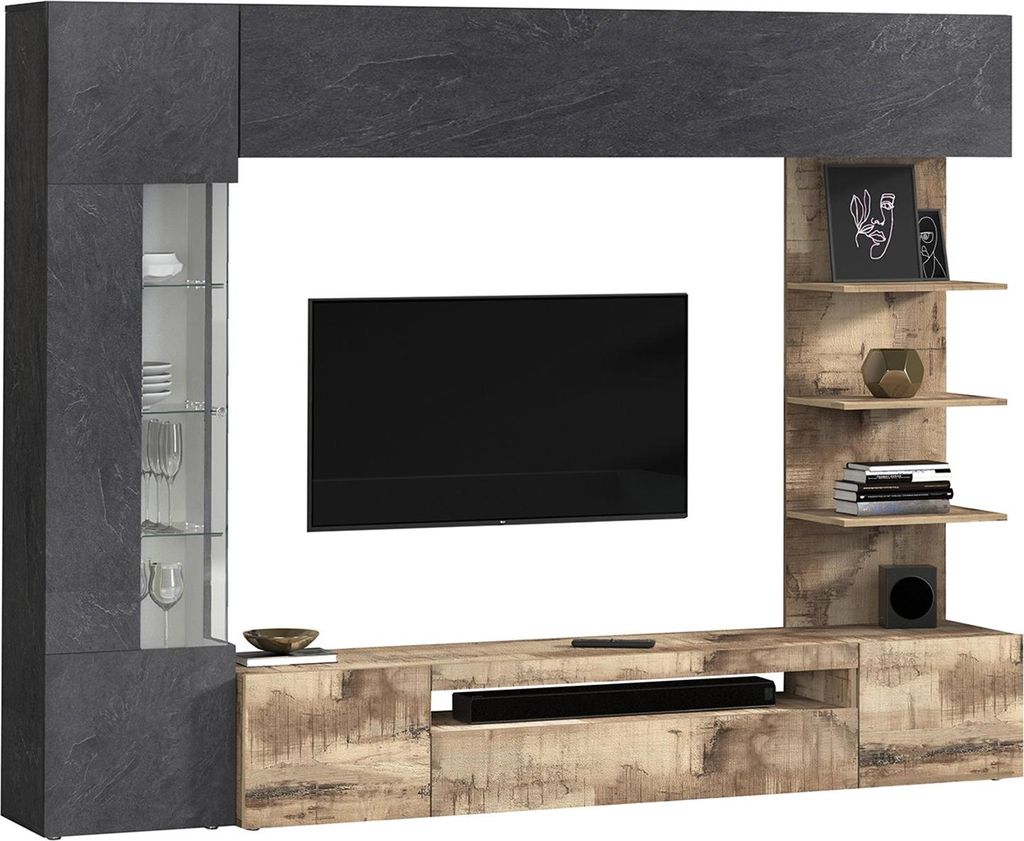 Dmora Wohnwand Galatina 245x40x191,2 cm Braun Ahorn, 8 Regale, 5 Türen