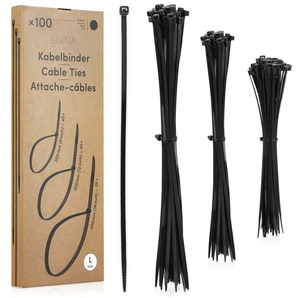 100 Kabelbinder Set Schwarz in 3 Größen 
