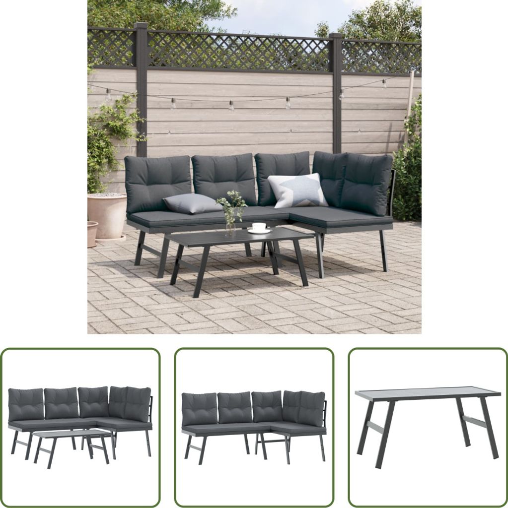 The Living Store 3-tlg. Garten-Sitzgruppe mit Kissen Schwarz Stahl