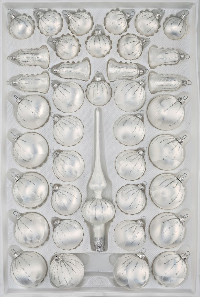 39 tlg. Glas-Weihnachtskugeln Set in "Ice Weiss Silber" Regen