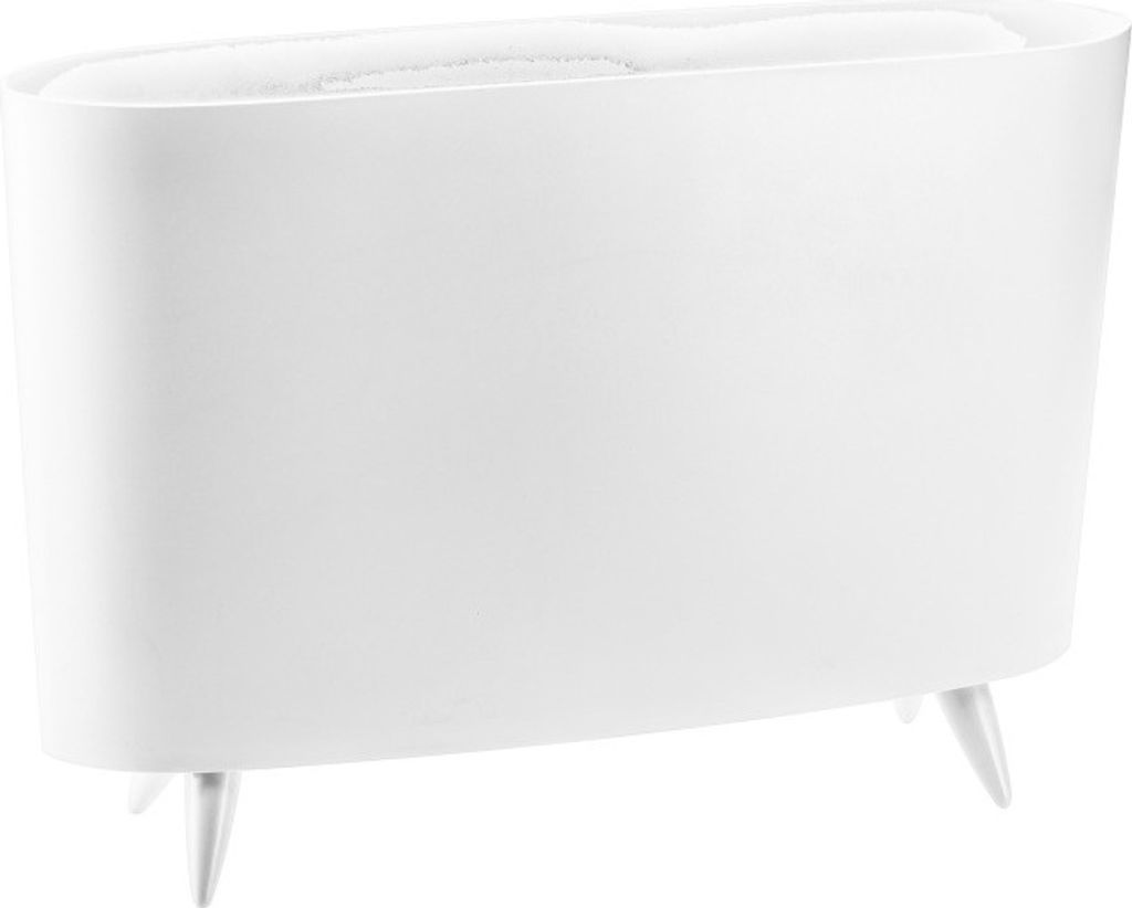 A white magazine rack with four legs, shown against a white background.
