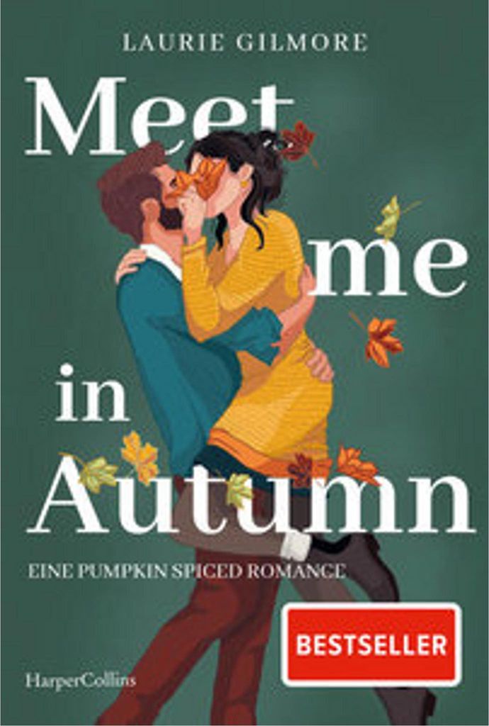 A couple embracing and kissing with autumn leaves falling around them, on a dark green background.