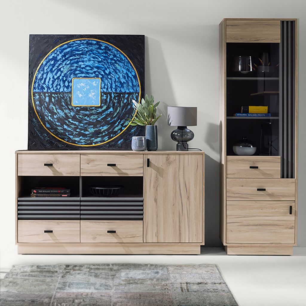 Wohnzimmermöbel-Set mit Sideboard & Vitrine in Eiche, modern 2-teilig ANTIGUA-133