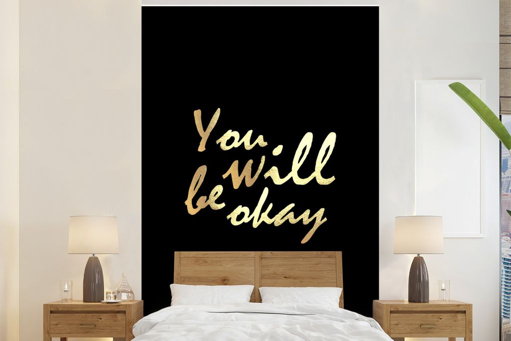 MuchoWow Fototapete für Wohnzimmer oder Schlafzimmer Wandtapete Vinyl Motivtapete Zitat - Motivation - Gold - Schwarz - 200x300 cm - Wanddekorat...