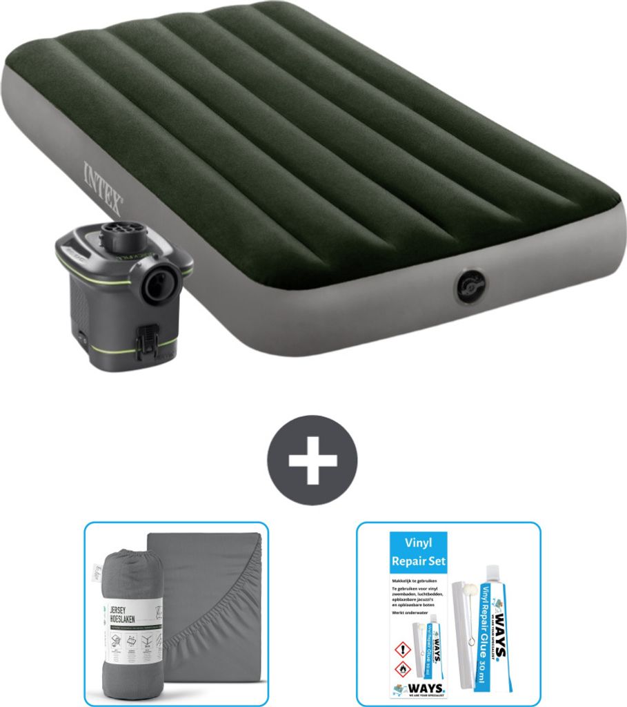 Intex Luftbett - 1 Person - 99 x 191 x 25 cm - Grün - Inklusive Pumpe - Spannbettuch en Reperaturset