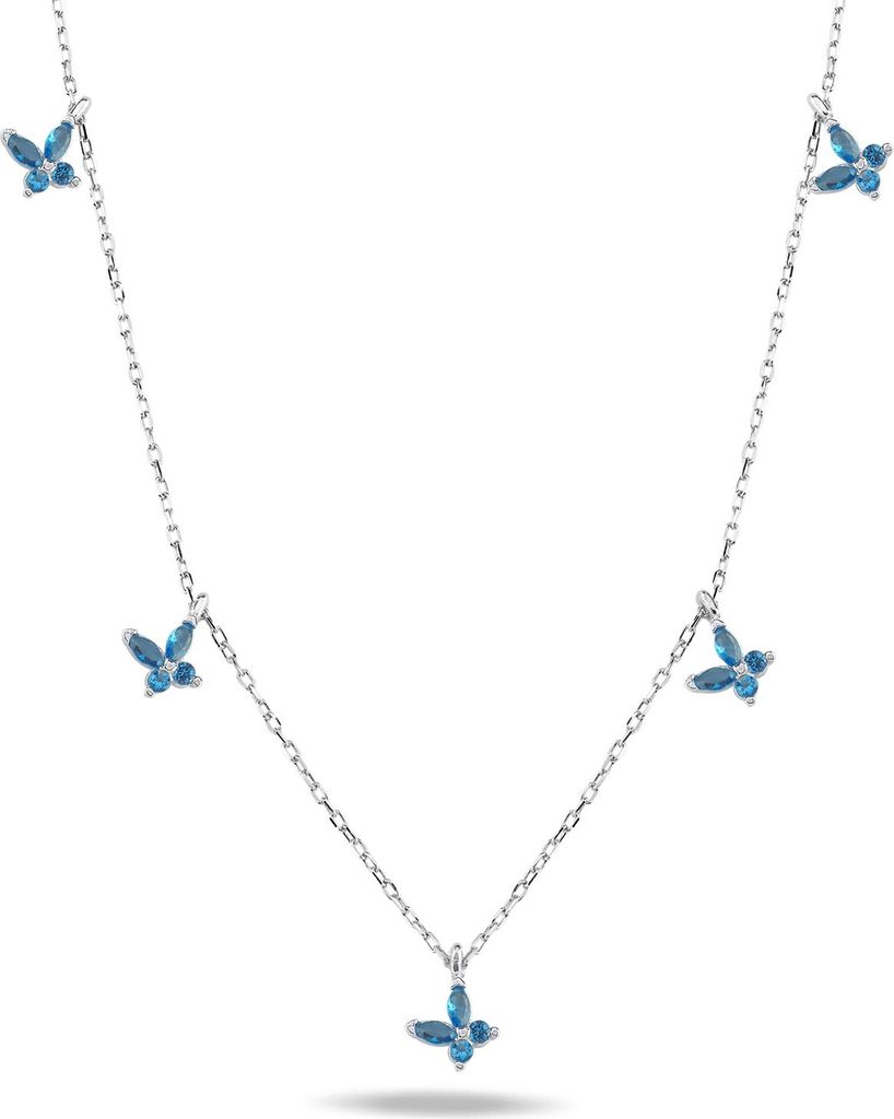 Damen Halskette 925 Silber Rhodium Schmetterling Aquamarin Stein