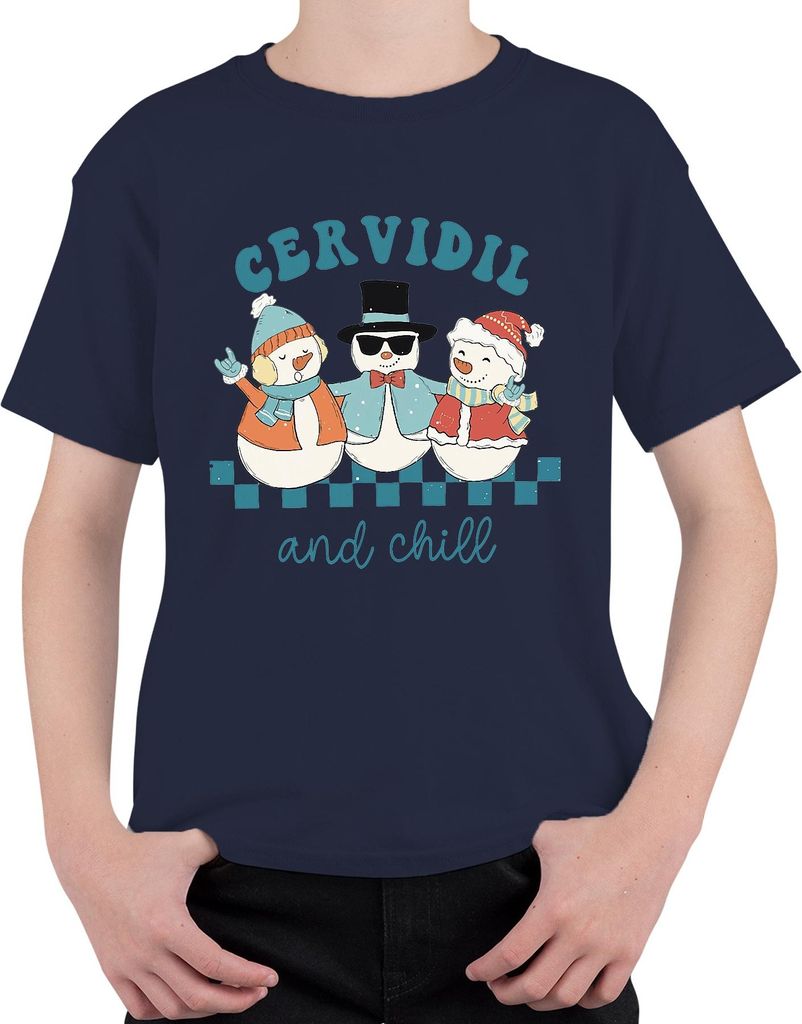 Cervidil and chill Weihnachten Schneemänner lustig Retro Uni Kinder T-Shirt, Navy, 140