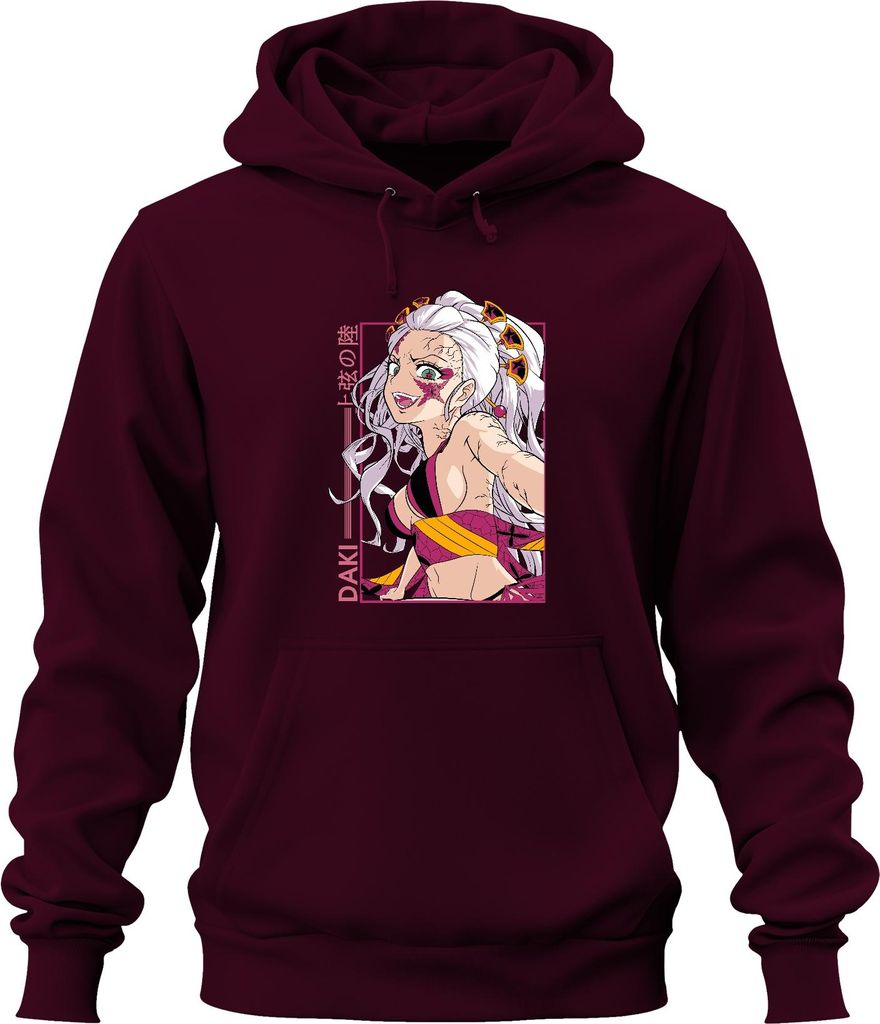 Daki Dämonen Anime weißes Haar Blumenmaske düster Geschenk Japan Y2K Streetwear Uni Hoodie Kapuzenpullover, Burgundy, L