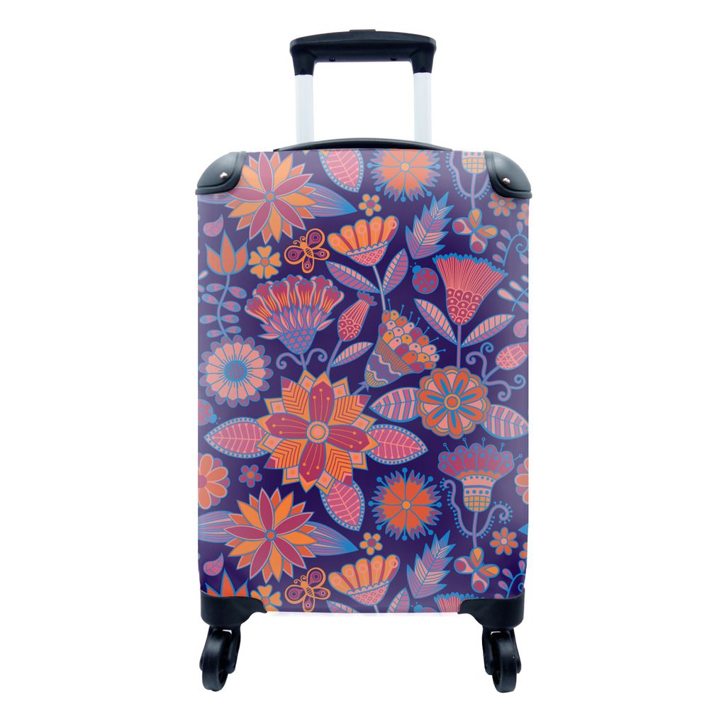 MuchoWow Koffer Handgepäck Trolley Rollkoffer Kleine Reisekoffer mit 4 Rollen - Schmetterling - Blumen - Muster - Cabin Size < 55x40x23 cm & 55x...