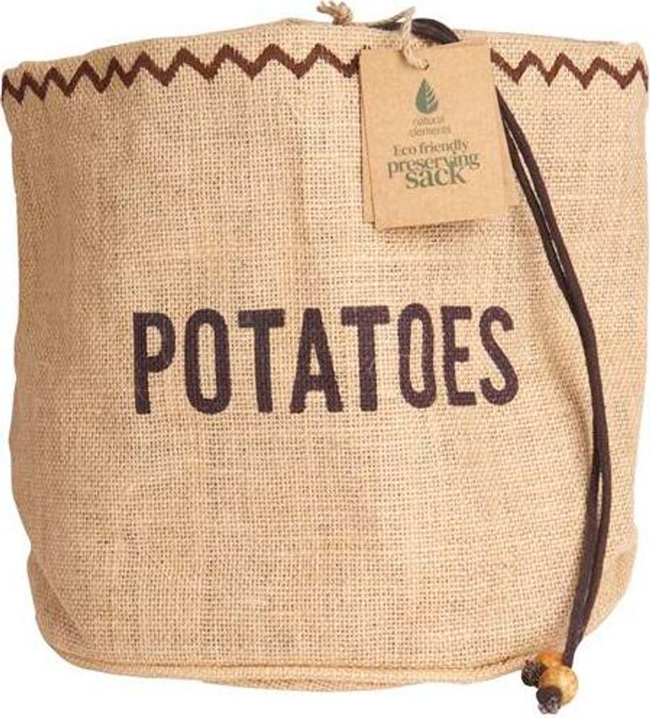 A burlap sack for storing potatoes, with text and a tag attached.