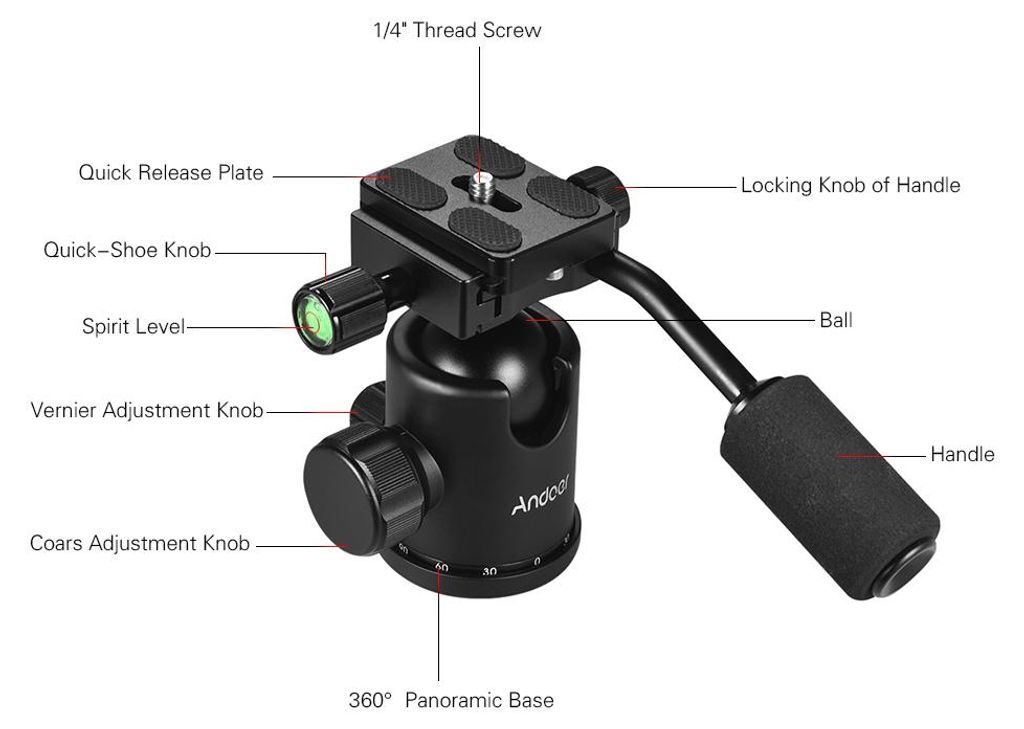 Griff Stativ-Kugelkopf 360 Grad drehbarer Panorama-Kugelkopf mit 1/4-Zoll-Schraube 3/8-Zoll-Schraubenloch für DSLR-Kamera max. 15 kg Belastung