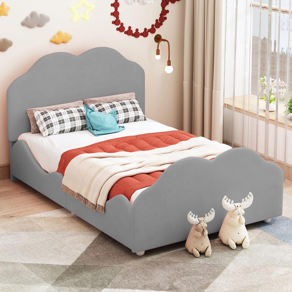 Polsterbett Kinderbett 90 x 200 cm hohes Geländer-Kinder Bettgestell mit wolkenförmigem Kopf- und Fußteil. Einzelbett,Grau