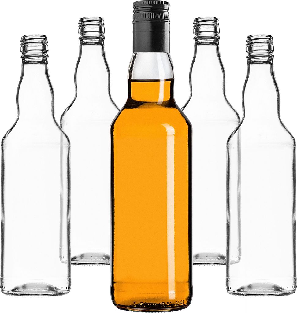 A group of empty glass bottles and one bottle filled with amber liquid, arranged in a row.