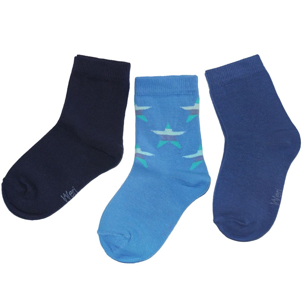 Kinder Socken 3-er Pack aus Baumwolle Sterne Mittelblau Größe 35-38