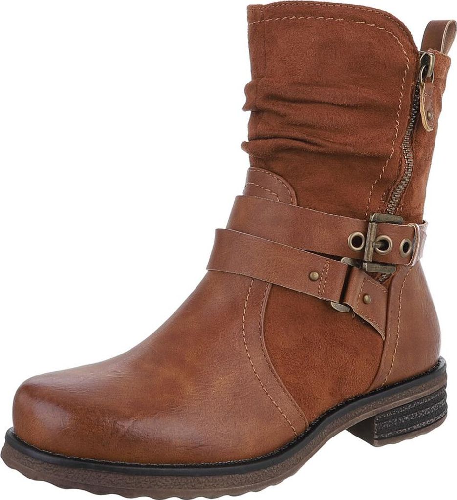 Ital-Design Damen Stiefeletten Western- & Bikerboots Leicht gefüttert Wildlederoptik, Lederoptik Flache Stiefeletten 90109999 Camel Gr. 38