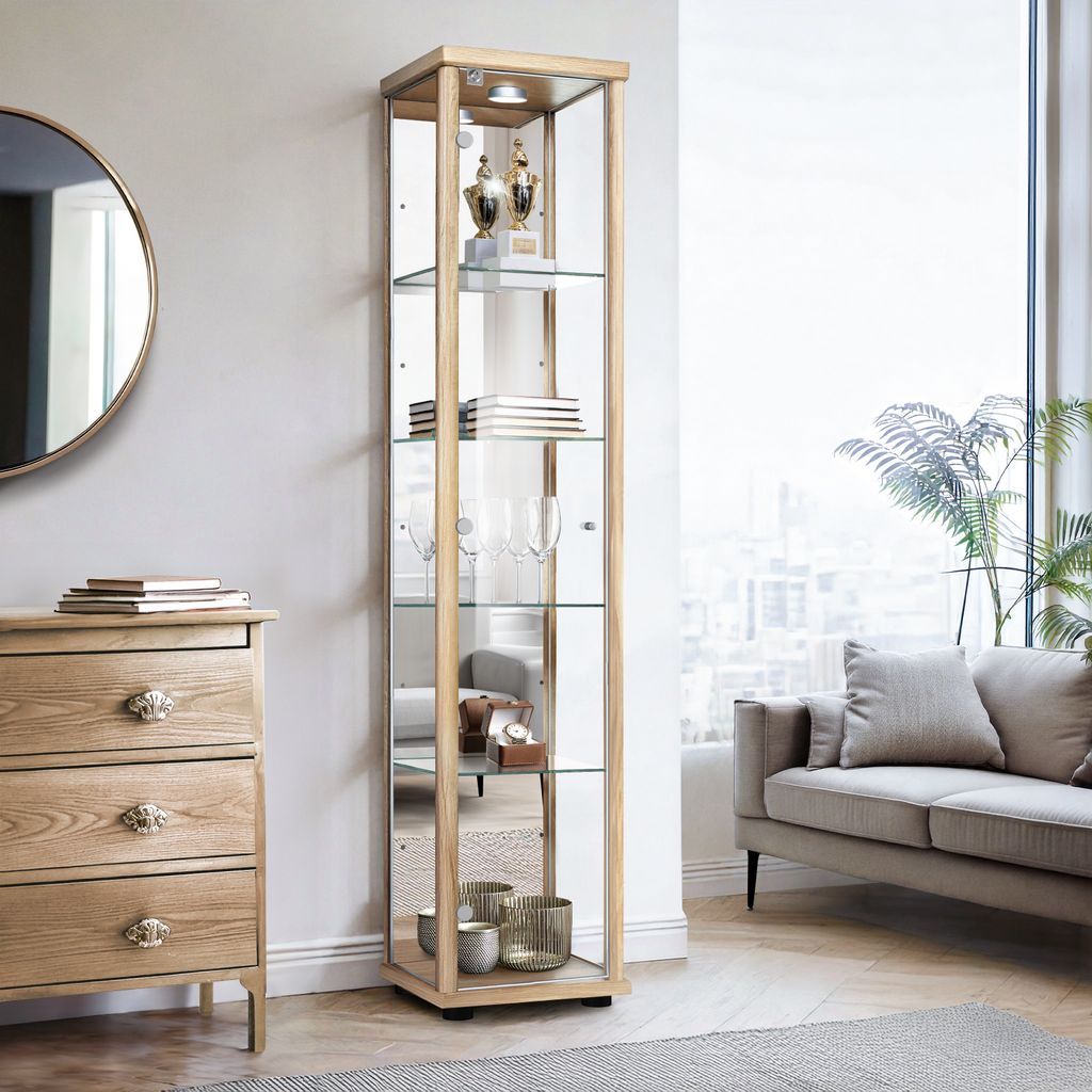 K-Möbel Glasvitrine stehend in Buche (176x37x33cm) mit 4 höhenverstellbaren Glasböden, Spiegel, Schloss & LED - Standvitrine - Vitrinenschrank
