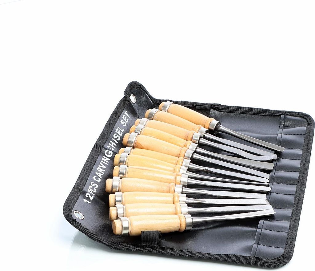 Wiltec Schnitzeisen Set 12-tlg. – Für Holzschnitzerei Mit Flach- & Hohleisen, Holzgriffen