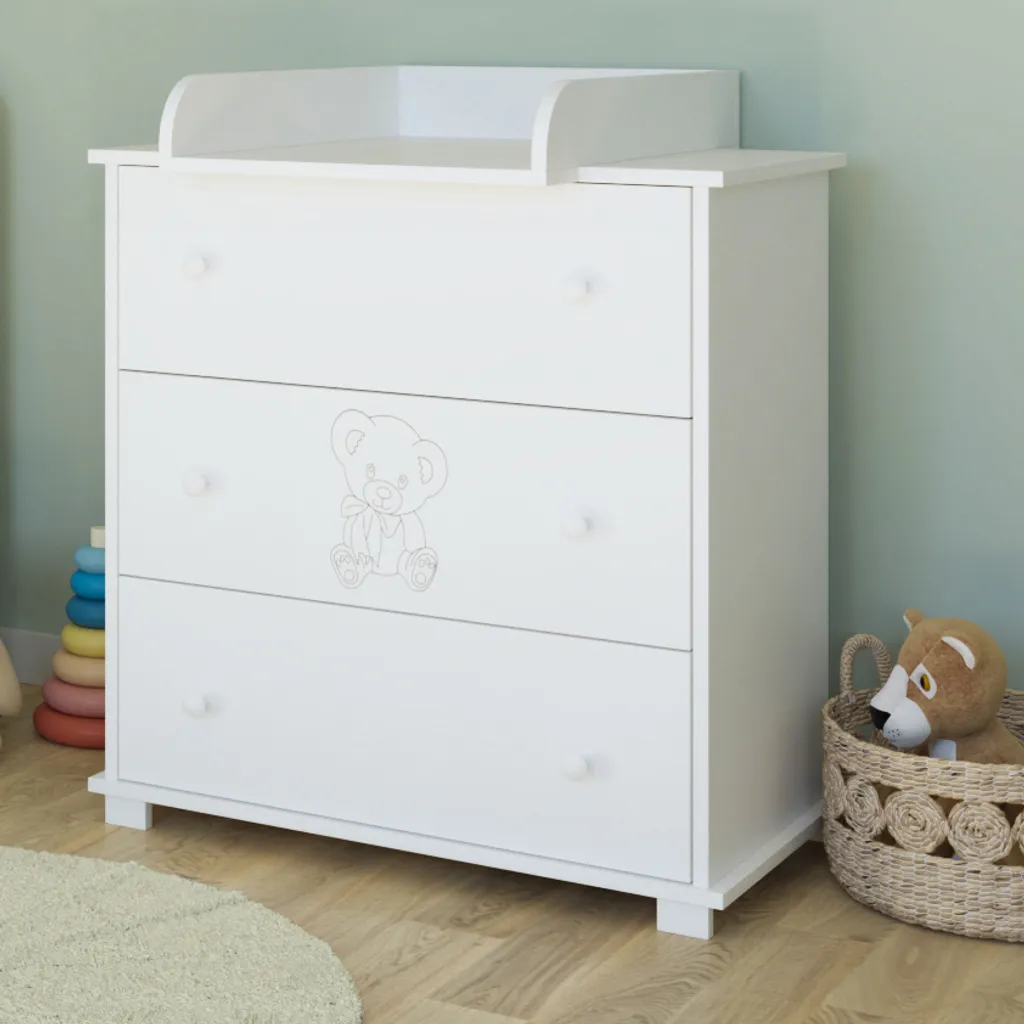 Commode à langer évolutive 3 tiroirs blanche avec gravure de nounours
