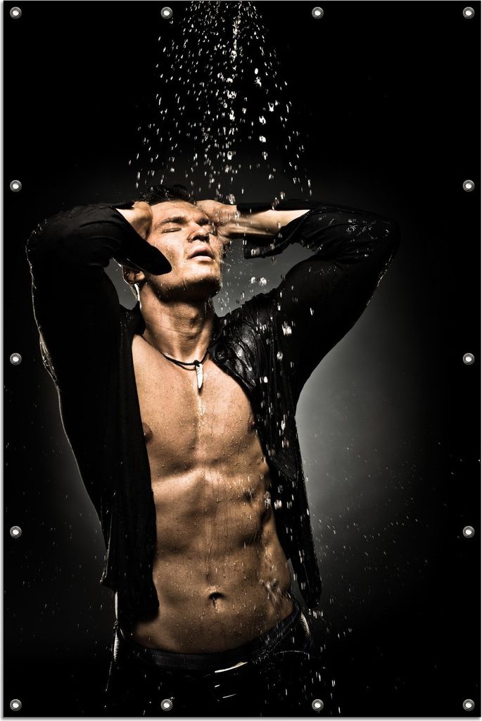 Wallario Outdoor-Poster für Garten oder Balkon, Motiv Sexy Mann unter der Dusche, in ca. 120 x 180 cm
