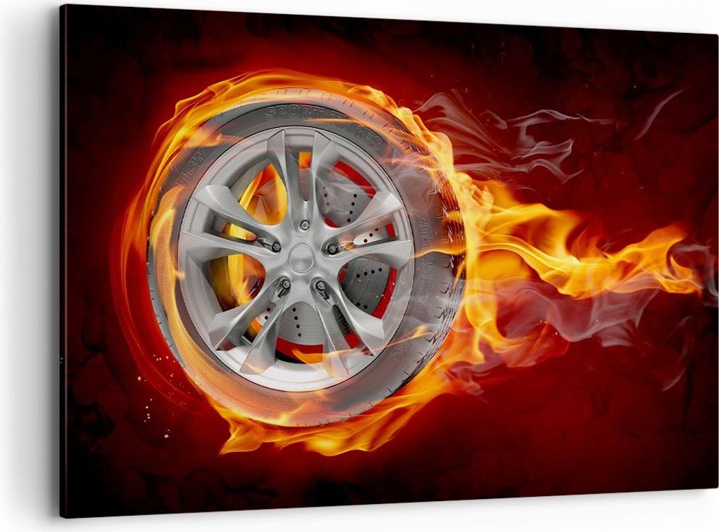 Bild auf Leinwand - Leinwandbild - Rad Flammen Felge - 120x80cm - Wand Bild - Wanddeko - Wandbilder - Leinwanddruck - Bilder - Kunstdruck - Wanddek...