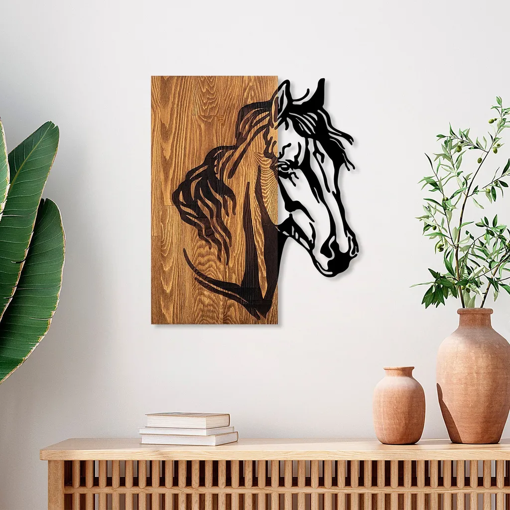 Wallity, Cavallo 1, decorazione murale, noce, metallo, 48 x 57 cm