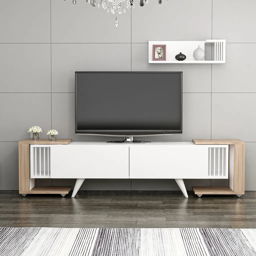 Meuble TV Gain de Place avec Rangement Intégré et Tables de Salon Blanches
