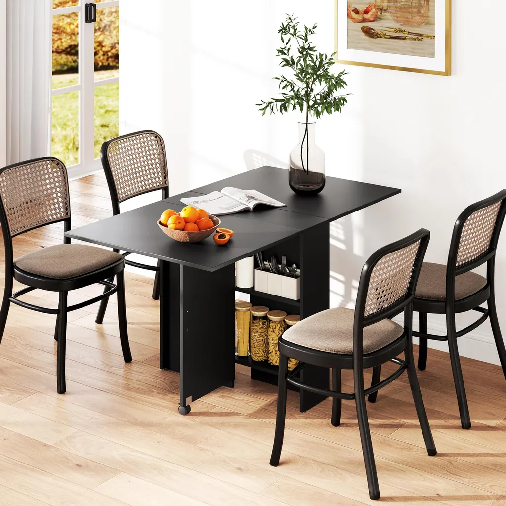Table pliable à roulettes 140cm noire avec 2 étagères de rangement - 12