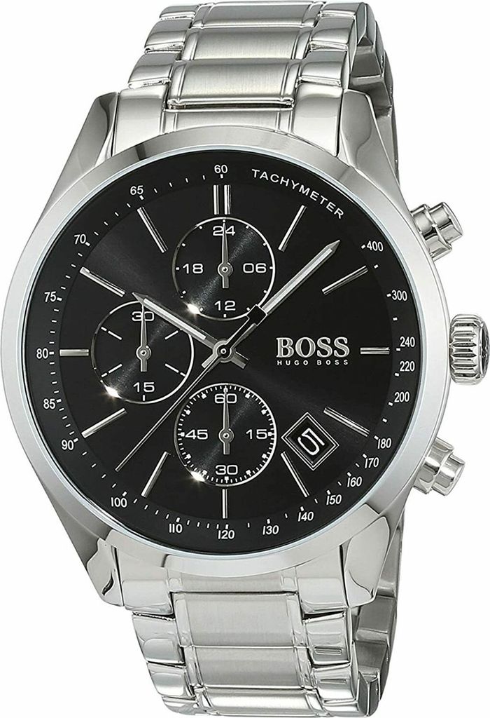 A close-up studio shot of a Hugo Boss men's chronograph watch with a black dial and silver stainless steel band.