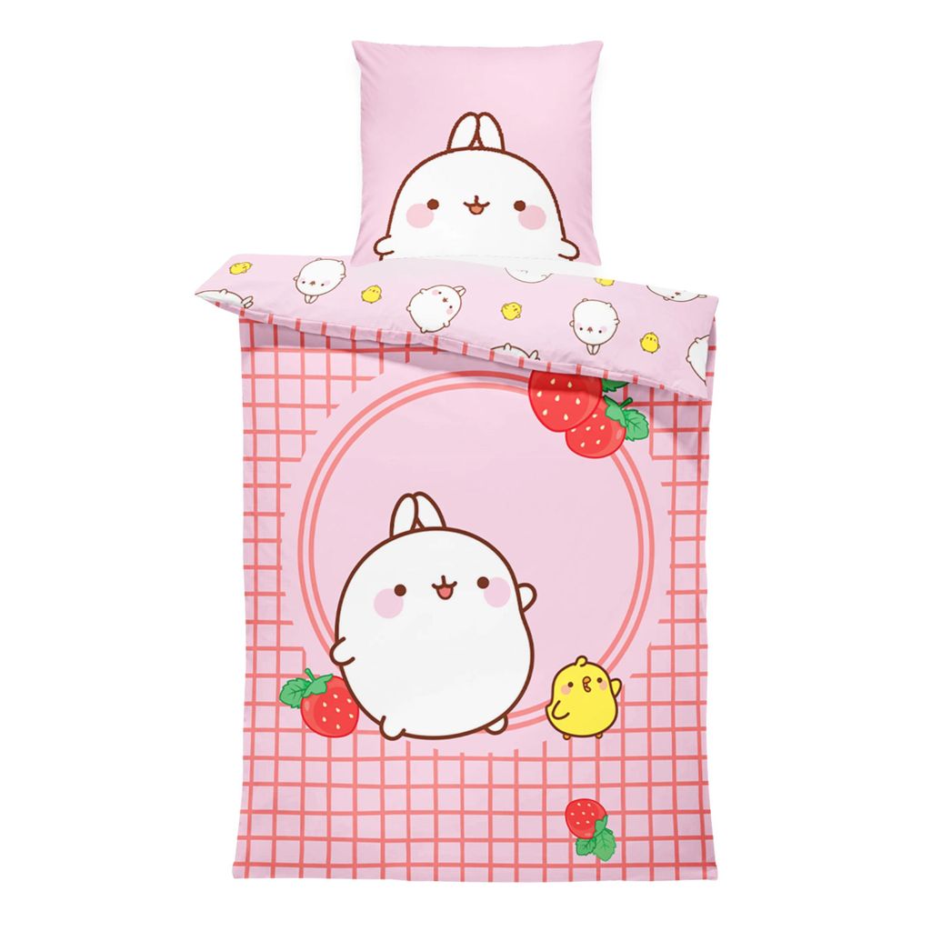 Molang Kinderbettwäsche Kawaii „Strawberry“ 135x200 + 80x80 cm, Renforcé, Piu Piu, Trendiges Design in sanften Rosatönen – weich & atmungs...