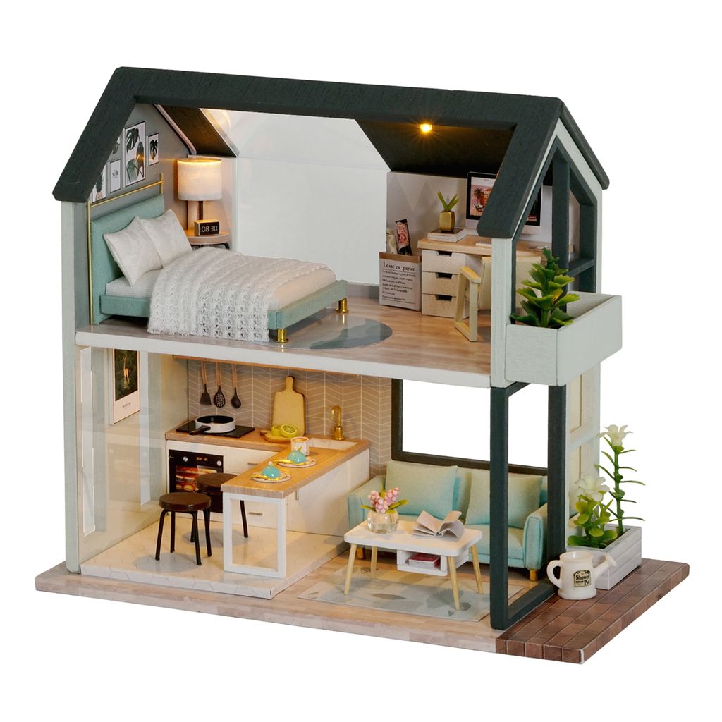 1/24  Puppenhaus DIY Handwerk Mini Holzhaus Kit mit Möbeln LED Beleuchtung 