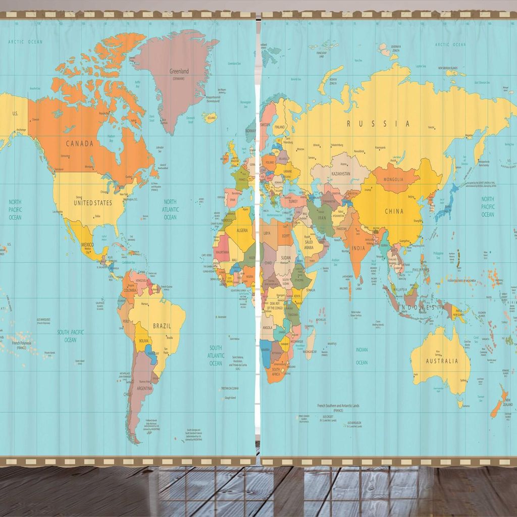 ARANDE Vintage Kartographie Gardine, Bunte Politische Weltkarte Länder, 280 x 175 cm, Karamell Mehrfarbig