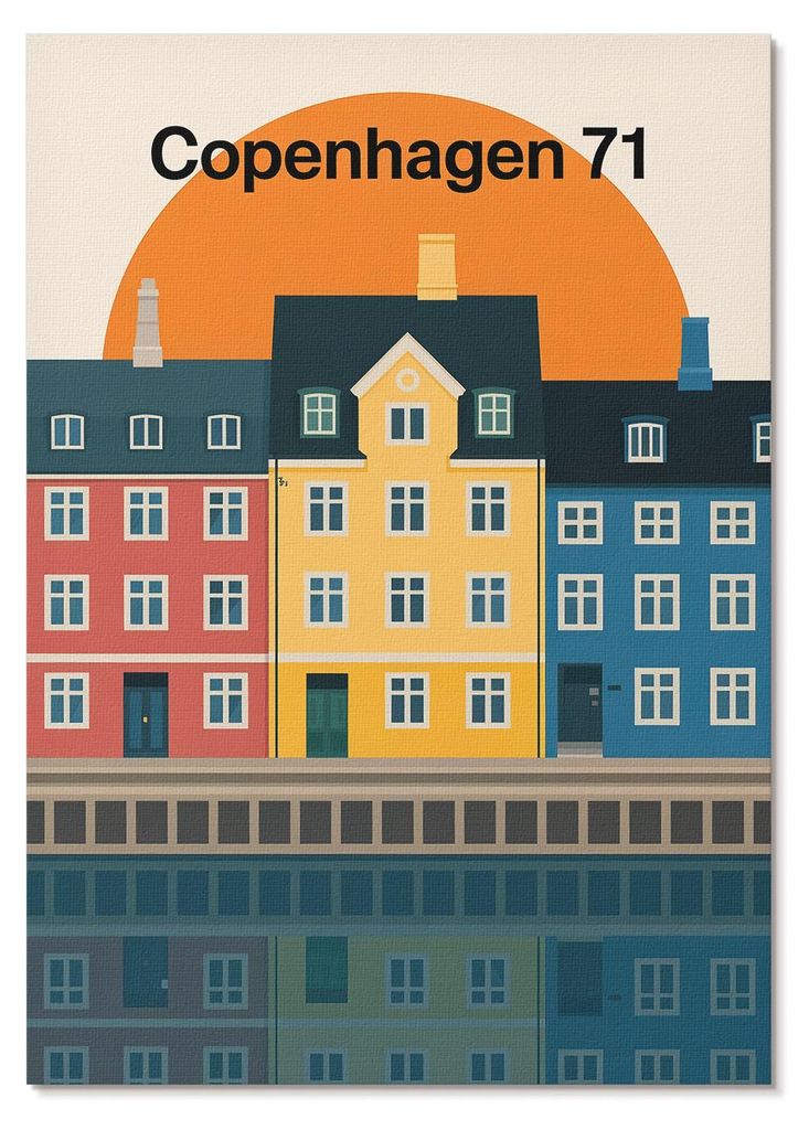 POSTER - 29x42 cm (A3) - Marcin Lewandowski - Farbenfrohe Häuser am Wasser, minimalistische Ästhetik - Wandbild für Wohnzimmer Schlafzimmer & Fl...