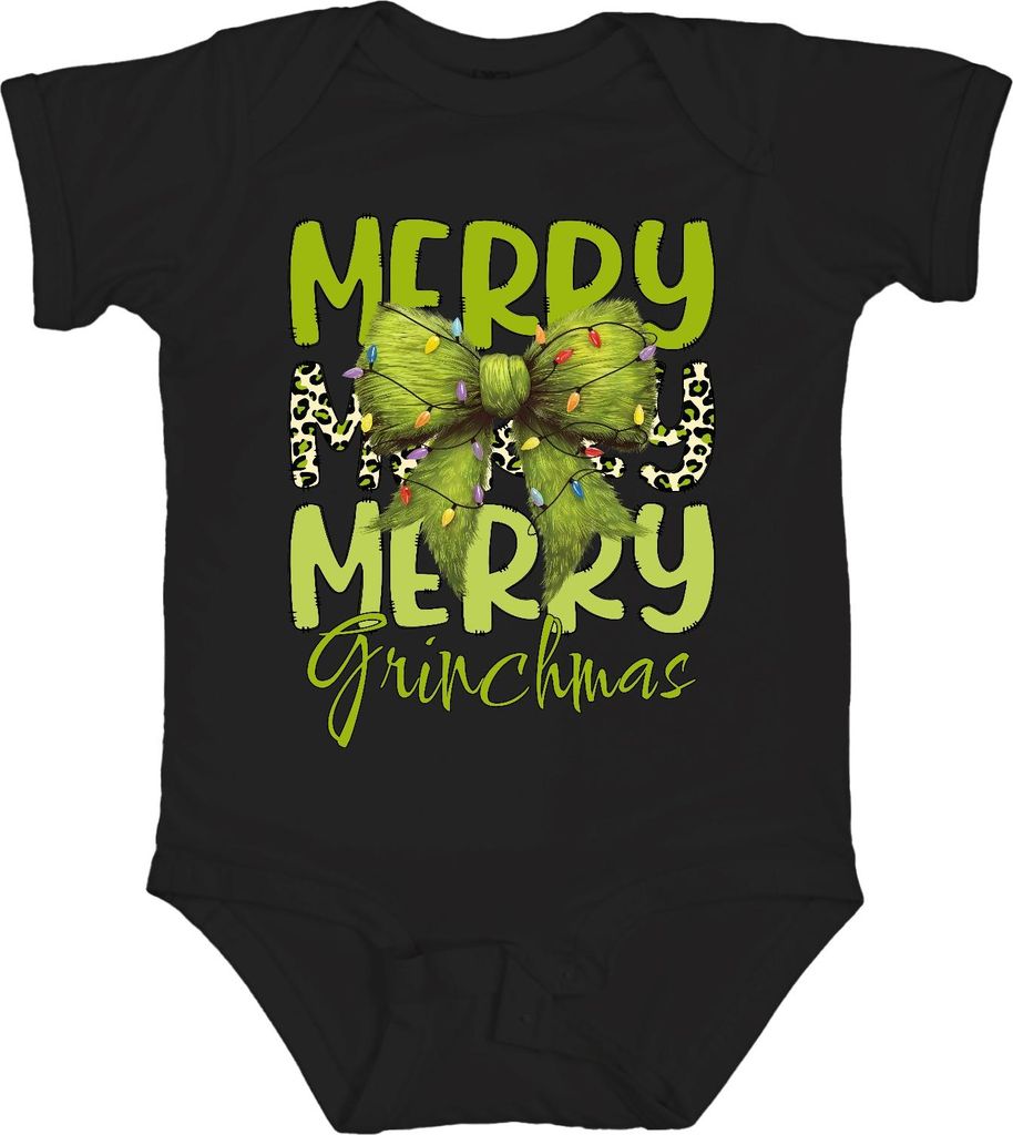 Merry Grinchmas grüne Schleife Weihnachten Leopardenmuster Geschenk Unisex Baby Body, Schwarz, 12/18