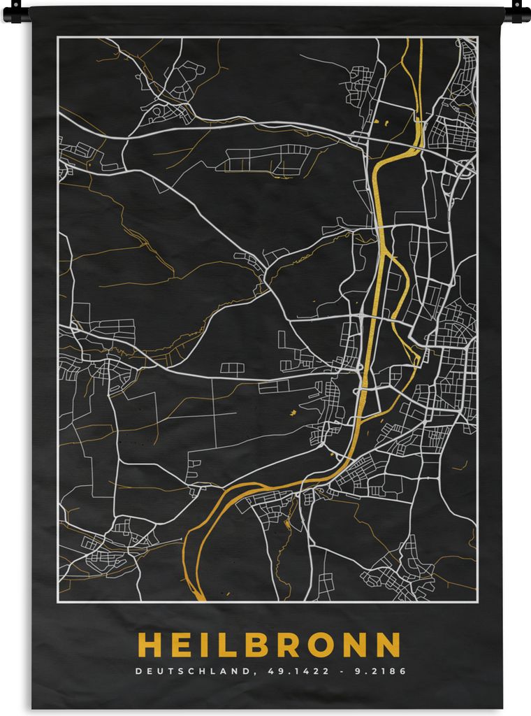 MuchoWow Wandteppich Wandbehang Heilbronn - Stadtplan - Karte - Deutschland - Gold 60x90 cm Tapisserie Dekoration Wandtuch - Foto-Teppich - Abwas...