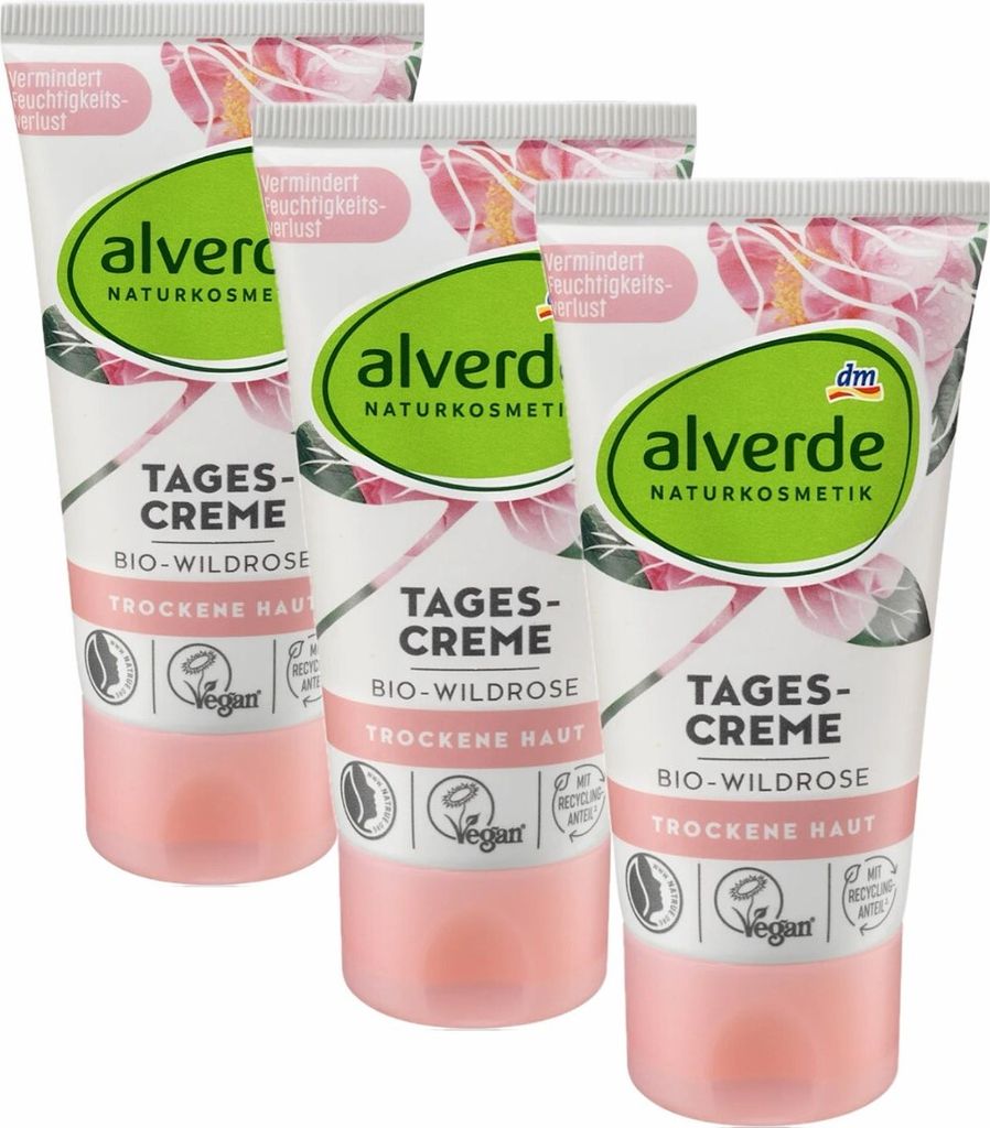 3 x alverde Naturkosmetik - Tagescreme / Gesichtscreme Bio-Wildrose (3 x 50 ml)