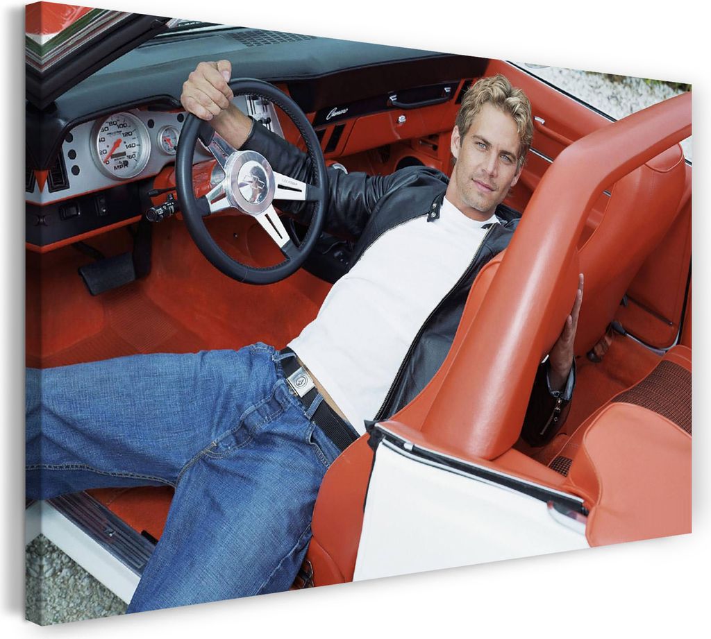 Leinwandbild (100x70cm): Paul Walker lässig liegend in weissem Cabrio rotes Leder, echter Holz-Keilrahmen inkl. Aufhänger, handgefertigt in Deuts...