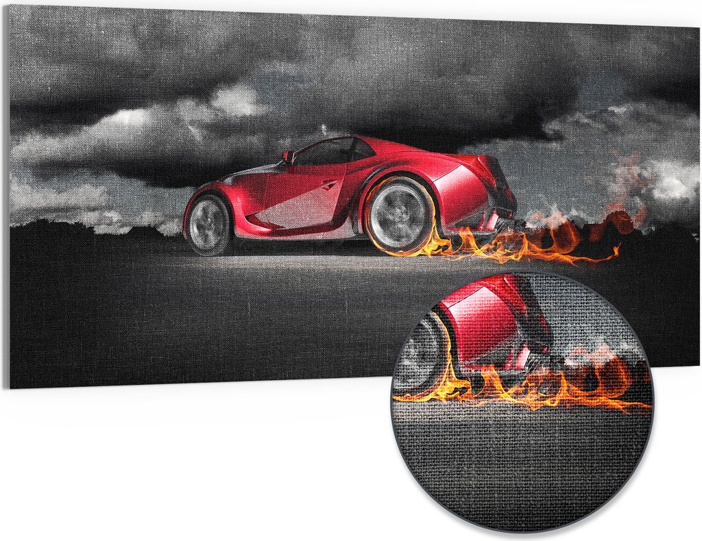 DEQORI Hybrid Leinwand Bild 100x50 cm 'Feuriger Sprint' Wandbild Glas flach modern