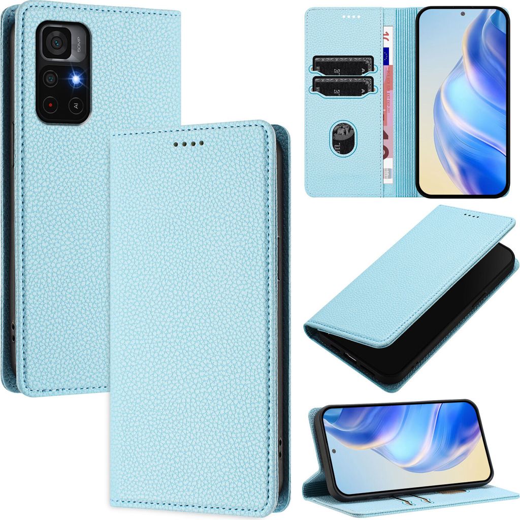 Litchi Leder Handyhülle für Xiaomi Poco M4 Pro 5G Wallet Kartenfächer Standfunktion Hülle Hellblau
