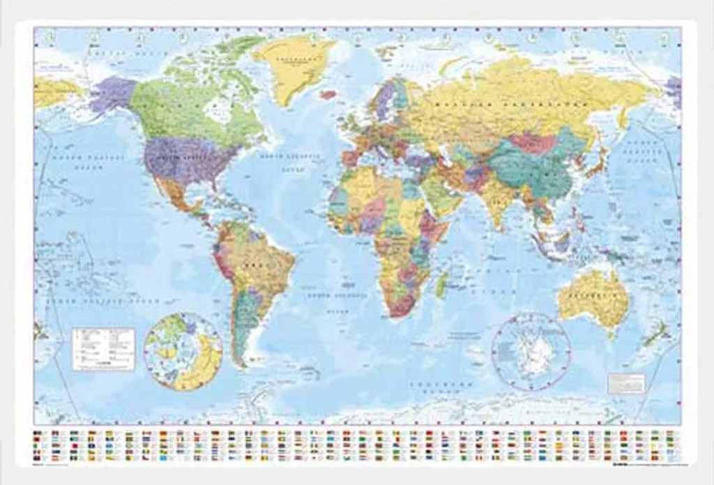 Mappe - Poster - Mappamondo politico versione 3 + cornice rimovibile, Shinsuke® Maxi MDF bianco, vetro acrilico