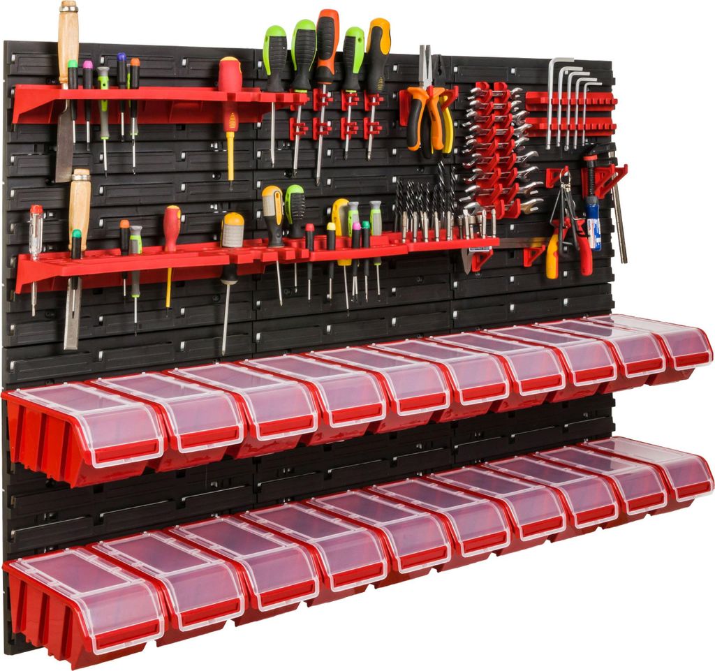 Lagersystem Werkstattregal | 117 x 78 cm | 20 stck. Box | Wandregal mit Stapelboxen - Wandplatten Extra Starke Schüttenregal Warkzeuglochwand Lage...