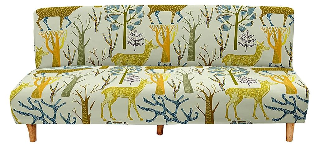 Sofaüberzug ohne Armlehnen, Elchmuster, rutschfester Stretchbezug für Futon-Sofa, Schlafsofaüberzug, Bezug für Klappsofa (190230cm, Wald-Elch)