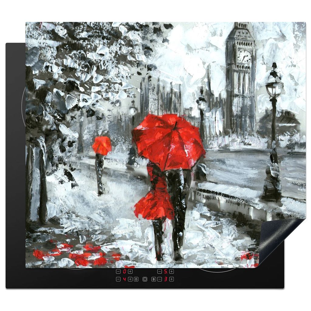 KitchenYeah Herdabdeckplatte Stadt - Rot - London - Schwarz und weiß , 60x52cm, Küche Deko, Glaskeramikkochfeld Herdabdeckung, Abdeckplatte fù...
