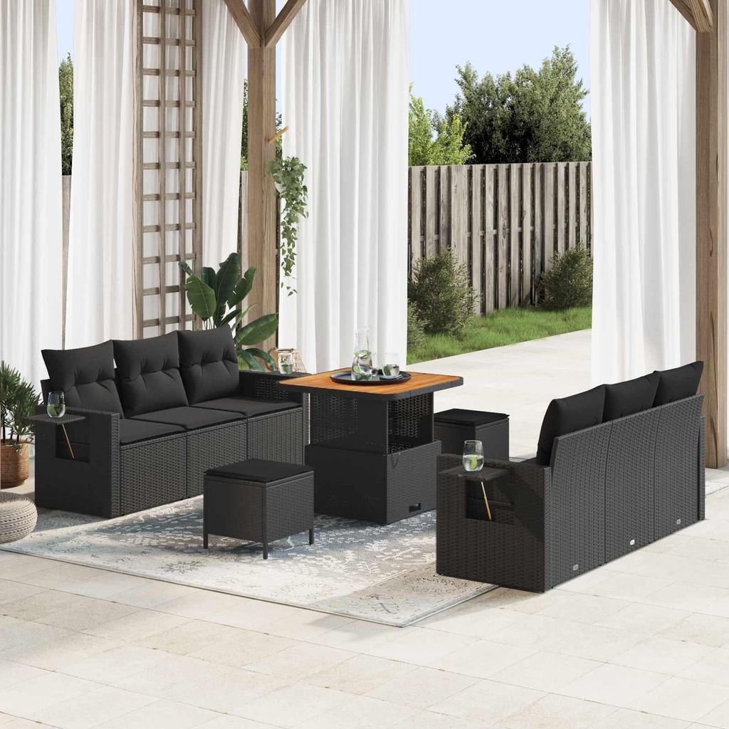 vidaXL Garten-Sofa-Set mit Kissen mit Speicher 9 pcs Schwarz