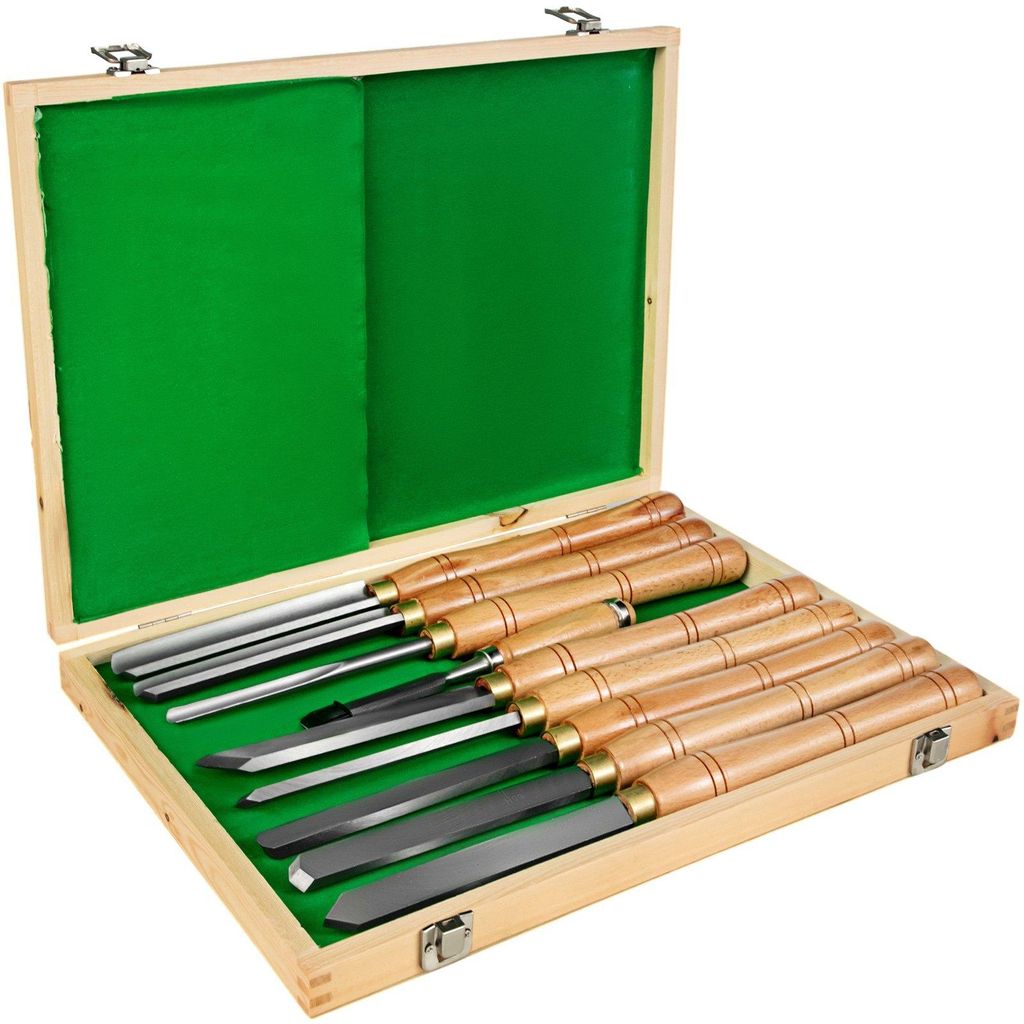 HSS-Drehmeißel-Set, 8-teilig, Stahl/Messing, Hülsen, Holzetui, mit einem Meißel