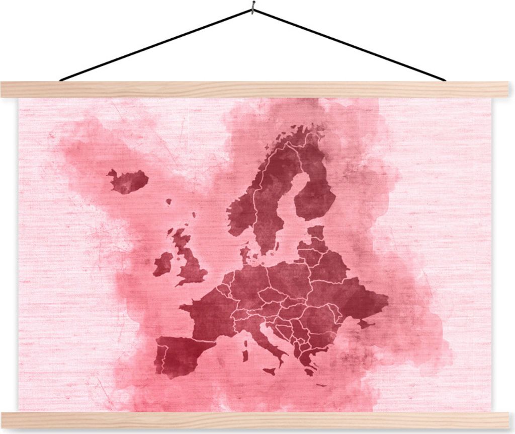 MuchoWow Textilposter Karte - Europa - Rosa 120x80 cm mit holzfarbenen Rahmen - Aufhängeset