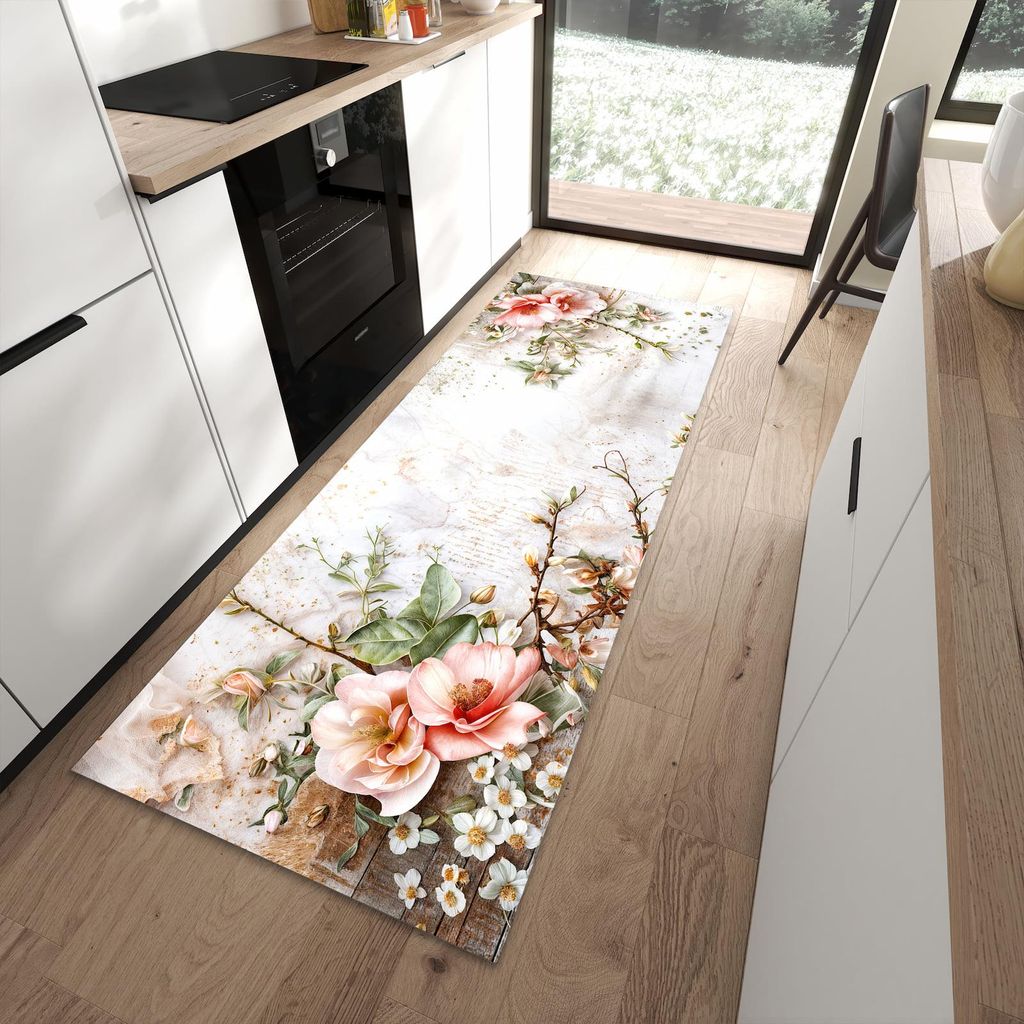 Küchenteppich 90x240cm rutschfest & abwischbar PVC Läufer - Warme Blumenarrangement