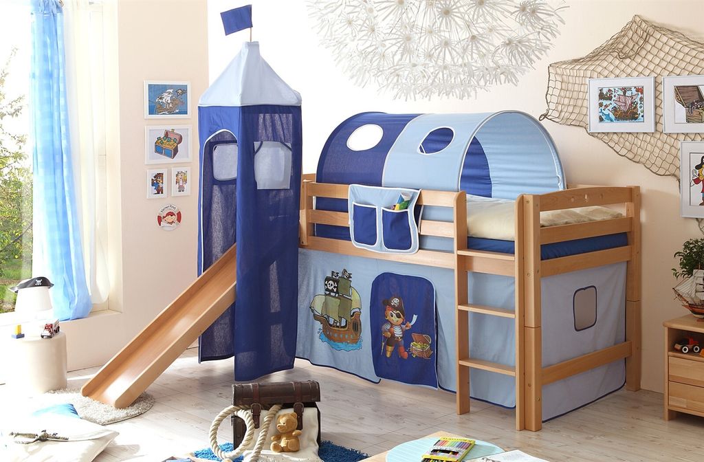 Rutschbett ROBI R XL Buche Natur inkl.Vorhang und Turm Pirat-Blau