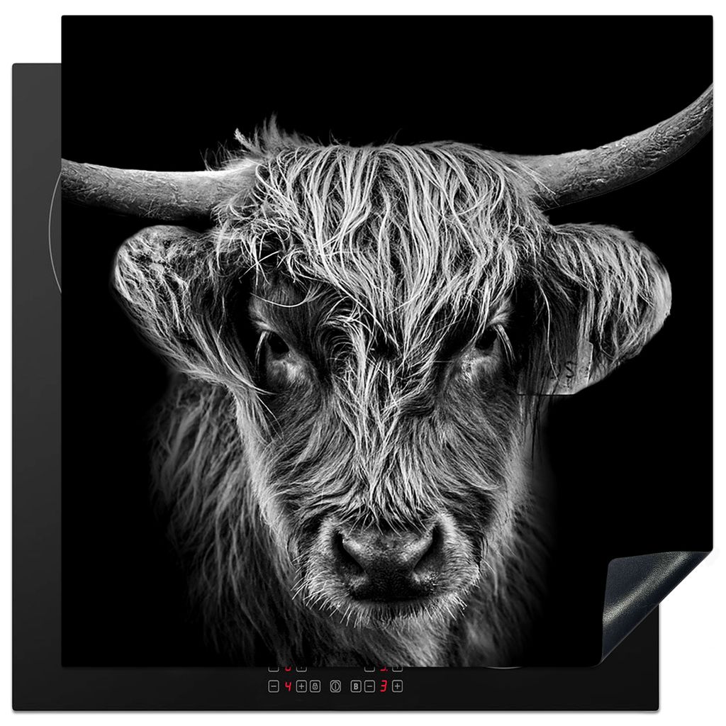 KitchenYeah Herdabdeckplatte Schottischer Highlander - Schwarz - Kuh - Tiere , 78x78cm, Küche Deko, Glaskeramikkochfeld Herdabdeckung, Abdeckpla...